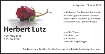 Traueranzeige von Herbert Lutz von Schwäbische Post