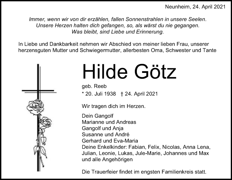  Traueranzeige für Hilde Götz vom 26.04.2021 aus Schwäbische Post