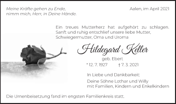 Traueranzeige von Hildegard Keller von Schwäbische Post