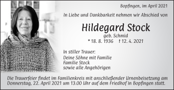 Traueranzeige von Hildegard Stock von Schwäbische Post
