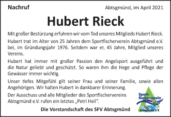 Traueranzeige von Hubert Rieck von Kocher-Lein-Bote