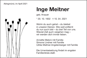 Traueranzeige von Inge Meitner von Schwäbische Post