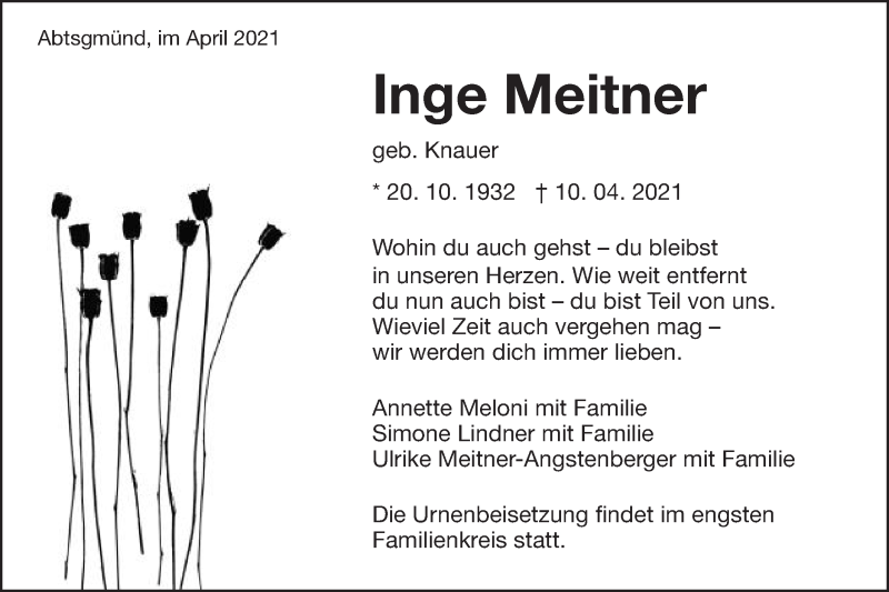  Traueranzeige für Inge Meitner vom 16.04.2021 aus Schwäbische Post