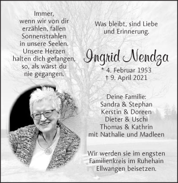 Traueranzeige von Ingrid Nendza von Schwäbische Post