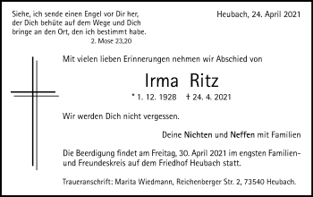 Traueranzeige von Irma Ritz von Gmünder Tagespost