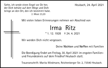 Traueranzeige von Irma Ritz