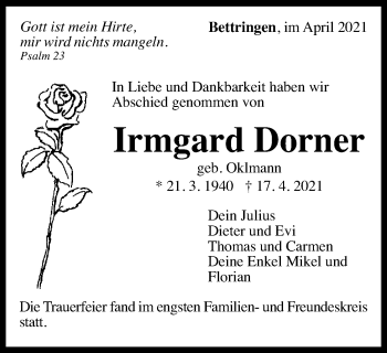 Traueranzeige von Irmgard Dorner von Gmünder Tagespost