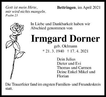 Traueranzeige von Irmgard Dorner