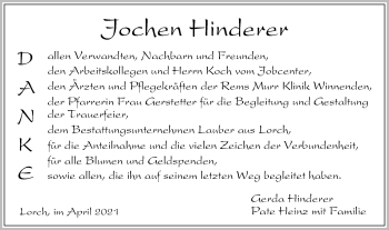 Traueranzeige von Jochen Hinderer von Gmünder Tagespost