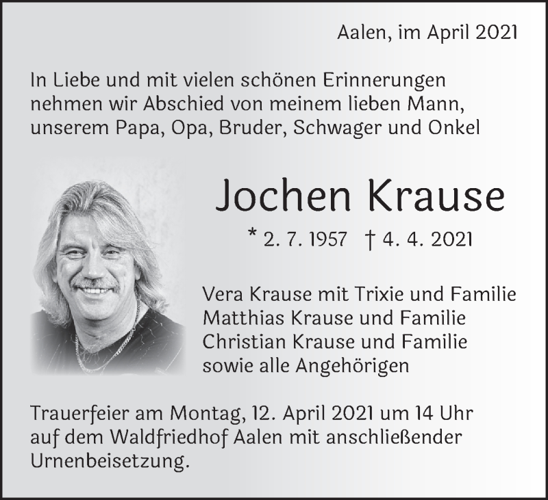 Traueranzeige für Jochen Krause vom 08.04.2021 aus Schwäbische Post