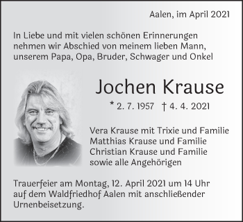Traueranzeige von Jochen Krause von Schwäbische Post
