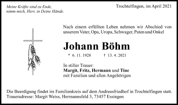 Traueranzeige von Johann Böhm von Schwäbische Post
