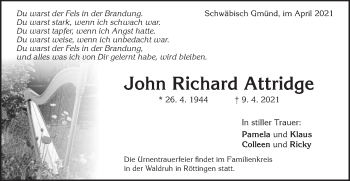 Traueranzeige von John Richard Attridge von Gmünder Tagespost