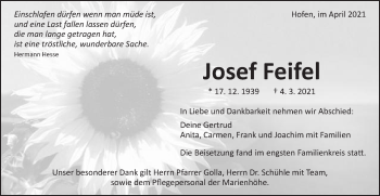 Traueranzeige von Josef Feifel von Schwäbische Post