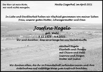 Traueranzeige von Josefine Hegele von Gmünder Tagespost
