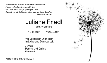 Traueranzeige von Juliane Friedl von Gmünder Tagespost