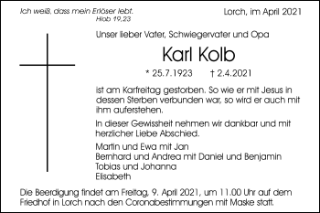 Traueranzeige von Karl Kolb von Gmünder Tagespost