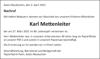 Traueranzeige von Karl Mettenleiter von Schwäbische Post