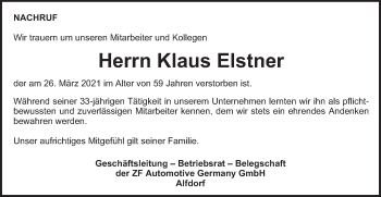 Traueranzeige von Klaus Elstner von Gmünder Tagespost