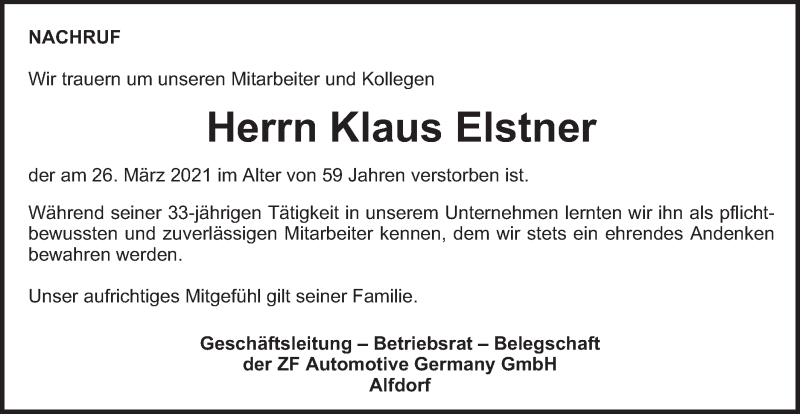  Traueranzeige für Klaus Elstner vom 08.04.2021 aus Gmünder Tagespost