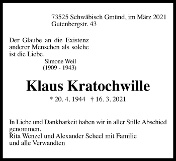 Traueranzeige von Klaus Kratochwille von Gmünder Tagespost