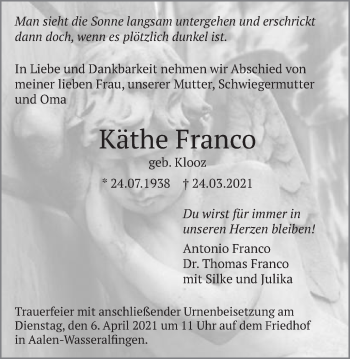 Traueranzeige von Käthe Franco von Schwäbische Post