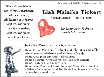 Traueranzeige von Liah Malaika Tickert von Gmünder Tagespost