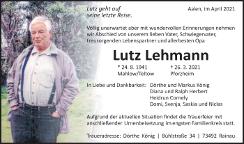 Traueranzeige von Lutz Lehmann von Schwäbische Post