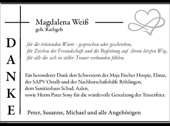 Traueranzeige von Magdalena Weiß von Schwäbische Post
