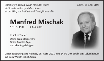 Traueranzeige von Manfred Mischak von Schwäbische Post