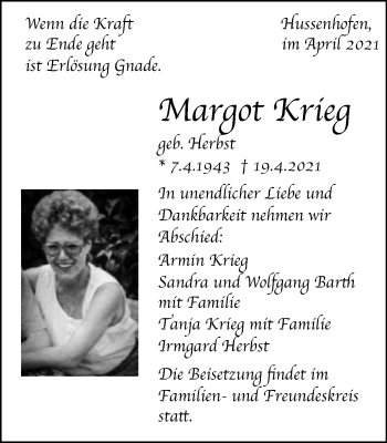 Traueranzeige von Margot Krieg von Gmünder Tagespost