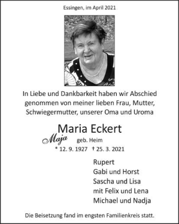 Traueranzeige von Maria Eckert von Schwäbische Post