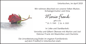 Traueranzeige von Maria Frank von Schwäbische Post