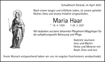 Traueranzeige von Maria Haar von Gmünder Tagespost