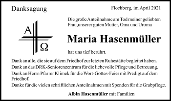 Traueranzeige von Maria Hasenmüller von Bopfinger Stadtanzeiger