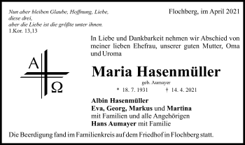 Traueranzeige von Maria Hasenmüller von Schwäbische Post