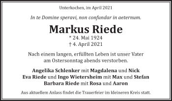 Traueranzeige von Markus Riede von Schwäbische Post