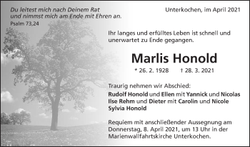 Traueranzeige von Marlis Honold von Schwäbische Post