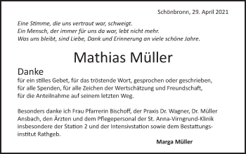Traueranzeige von Mathias Müller von Schwäbische Post