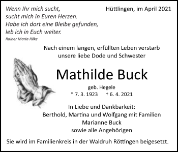 Traueranzeige von Mathilde Buck von Schwäbische Post