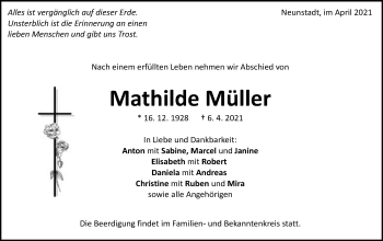 Traueranzeige von Mathilde Müller von Schwäbische Post