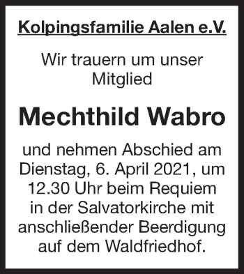 Traueranzeige von Mechthild Wabro von Schwäbische Post