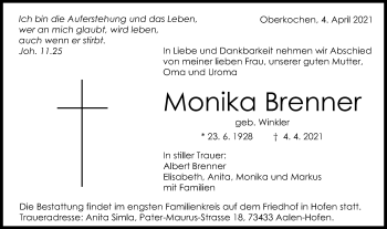 Traueranzeige von Monika Brenner von Schwäbische Post