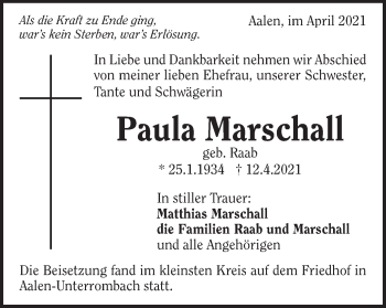 Traueranzeige von Paula Marschall von Schwäbische Post