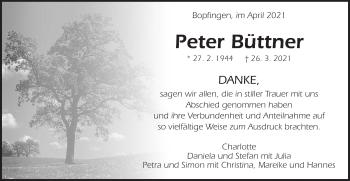 Traueranzeige von Peter Büttner von Bopfinger Stadtanzeiger