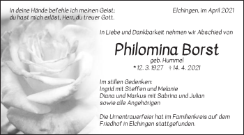 Traueranzeige von Philomina Borst von Schwäbische Post
