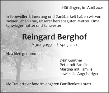 Traueranzeige von Reingard Berghof von Schwäbische Post