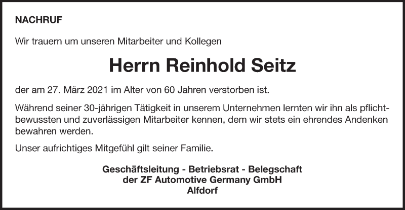  Traueranzeige für Reinhold Seitz vom 07.04.2021 aus Gmünder Tagespost