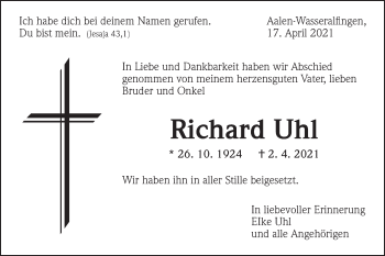 Traueranzeige von Richard Uhl von Schwäbische Post