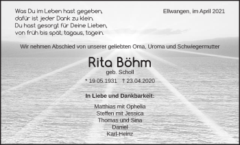 Traueranzeige von Rita Böhm von Schwäbische Post